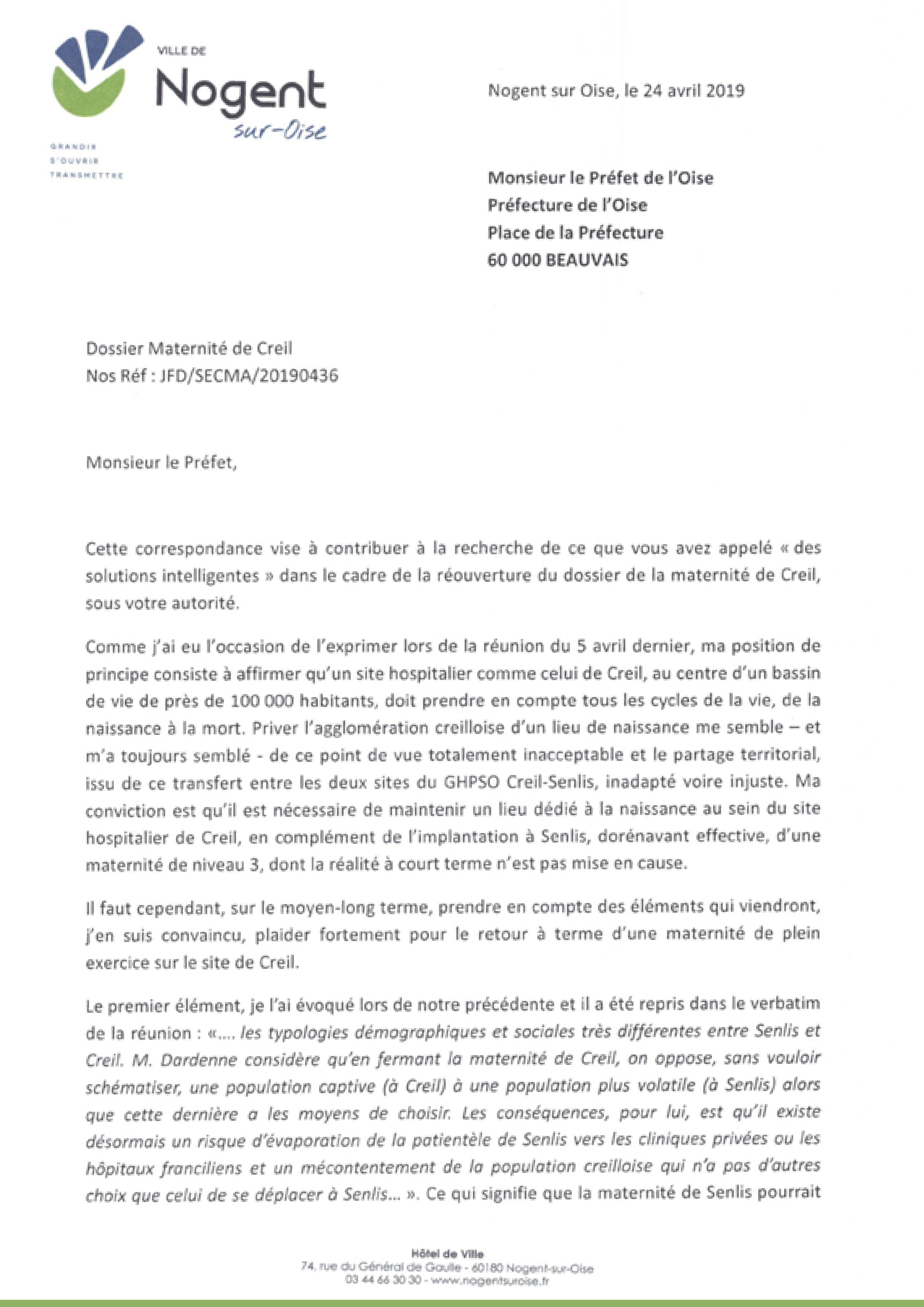 Courrier de Monsieur le Maire au Préfet de l'Oise